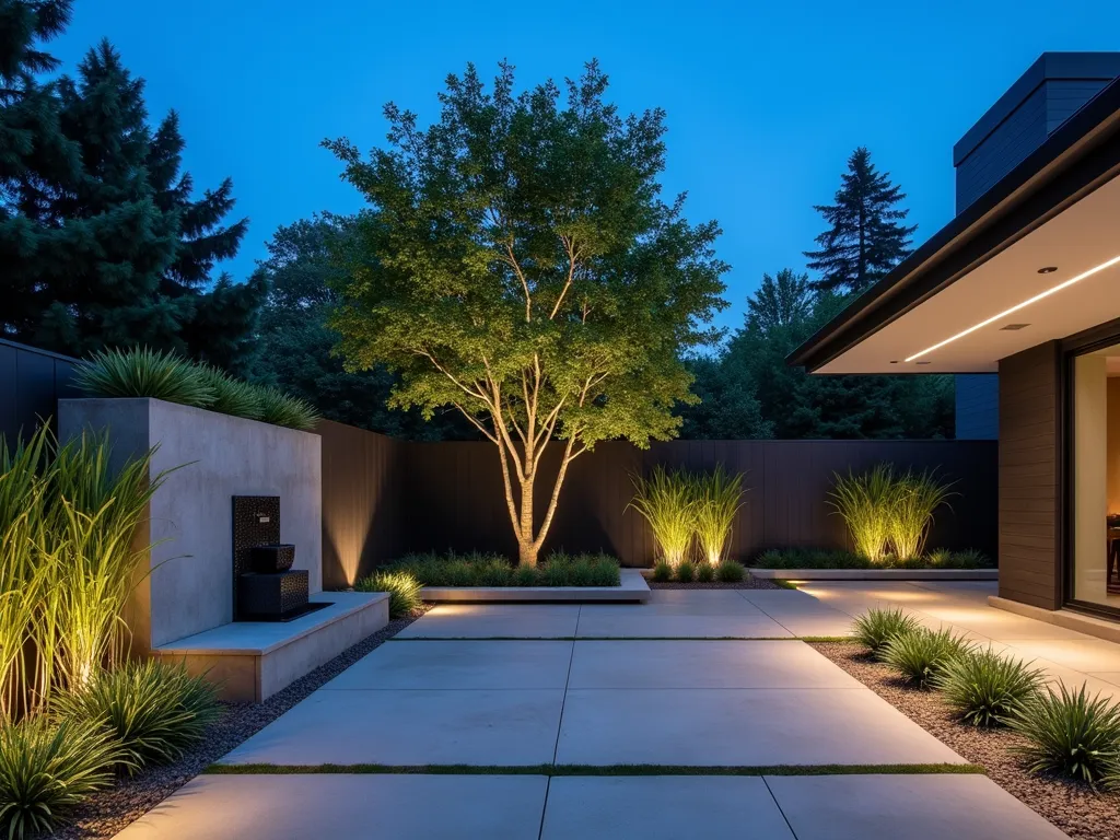 Minimalist L-Shaped Garden with Clean Lines - A twilight photograph of a sleek L-shaped garden space, shot at f/2.8 with a 16-35mm wide-angle lens. Large-format light grey porcelain pavers create clean geometric lines, leading to two distinct zones. A single mature Japanese Maple acts as a dramatic focal point, its delicate silhouette illuminated by subtle ground-level LED lighting. Rectangular concrete planters contain carefully spaced architectural plants like Black Bamboo and Snake Plants. The corner transition features a contemporary water feature - a simple black granite wall fountain. Minimal built-in seating in raw concrete complements the design. The space is captured during blue hour, with modern strip lighting subtly highlighting the pathways.