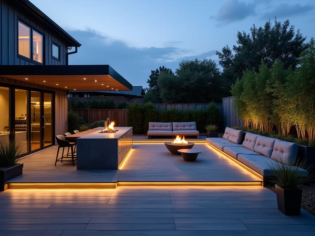 Modern L-Shaped Garden Entertainment Hub - A twilight scene of an L-shaped outdoor entertainment space featuring a sleek, minimalist outdoor kitchen with stainless steel appliances and concrete countertops along one wing, smoothly transitioning into a contemporary lounge area with low-profile gray furniture on the other wing. Dark composite decking creates a unified floor surface, while geometric metal planters with architectural grasses add structure. Warm LED strip lighting illuminates the space from under bench seating and along steps, casting a gentle glow. A pergola with retractable shade covers the lounge area, while tall bamboo provides natural screening. The wide-angle view captures the entire L-shaped layout, emphasizing the cohesive flow between cooking and relaxation zones. Modern fire features in brushed steel add warmth and ambiance.