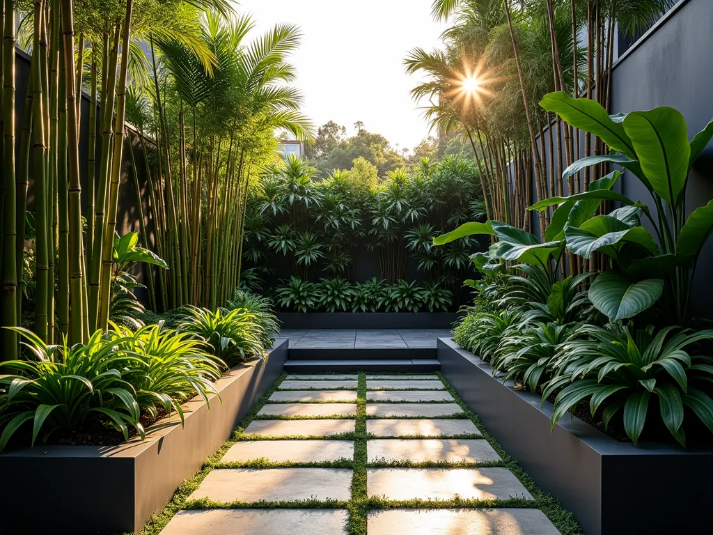 Modern L-Shaped Urban Jungle Garden - Stunning L-shaped garden corner photographed during golden hour, featuring a dramatic urban jungle design with multiple layers of lush tropical foliage. Tall architectural bamboo and bird of paradise create a striking backdrop, while mid-height monstera deliciosa and philodendrons add depth. Living walls on both sections of the L showcase cascading pothos and ferns. Modern charcoal-colored planters of varying heights contain dramatic elephant ears and snake plants. Natural stone pavers create a winding path through the space. Soft evening light filters through the foliage, creating ethereal shadows. Shot with a wide-angle lens to capture the immersive depth of the space, 16mm, f/2.8, golden hour lighting, photorealistic, high-end architectural photography