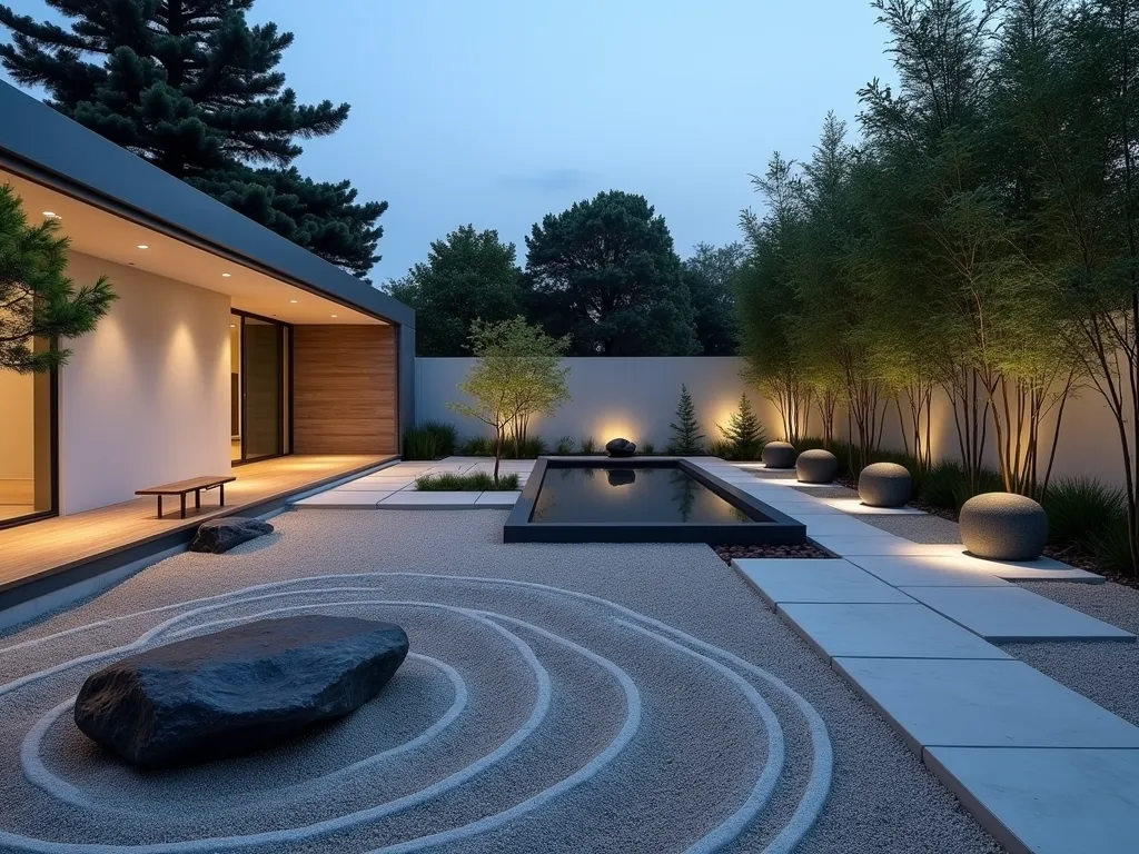 Modern L-Shaped Zen Garden at Dusk - A stunning wide-angle DSLR photograph of a contemporary L-shaped zen garden at dusk, shot at f/8. The garden features minimalist design elements with clean architectural lines. The left wing showcases a meticulously raked light grey gravel pattern creating concentric circles, while dark charcoal granite boulders are strategically placed as focal points. The right wing features a modern meditation deck floating over a shallow reflection pool. Tall black bamboo creates vertical interest against a white rendered wall, while cloud-pruned Japanese maples add sculptural elements. Modern LED strip lighting illuminates the path and highlights key features. Oversized geometric concrete pavers create a flowing pathway through both sections. The space is accented with contemporary metal planters containing neatly trimmed boxwood spheres, creating rhythm and repetition. A sleek wooden bench provides a contemplative seating area, while a simple water feature provides gentle ambient sound.