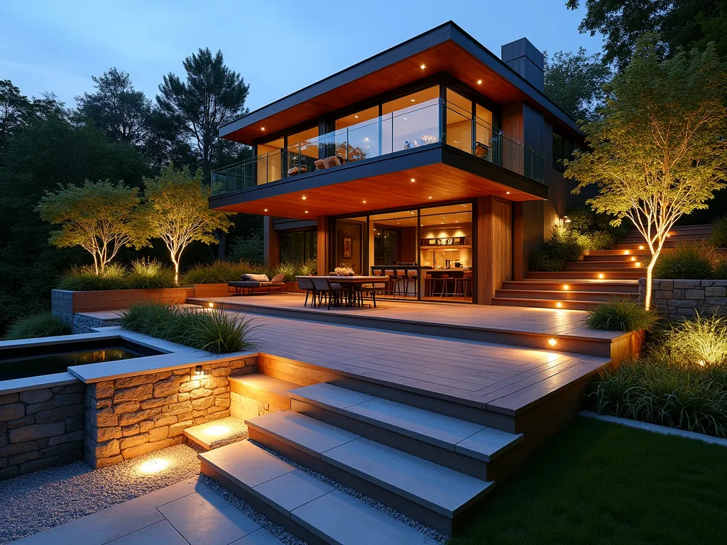 Elegant Multi-Level L-Shaped Garden Terrace - A stunning dusk photograph of a luxurious L-shaped multi-level garden terrace, captured with a wide-angle lens. The space features three distinct levels connected by floating wooden stairs with modern glass railings. The upper level showcases a contemporary dining area with pergola, the middle level features a cozy lounge space with modern outdoor furniture and built-in firepit, while the lower level displays a meticulously landscaped garden area. Warm LED lighting illuminates the wooden decking and stone pathways, creating a magical ambiance. Japanese maple trees and ornamental grasses add soft texture, while climbing jasmine adorns the walls. Natural stone retaining walls with integrated lighting define each level, and a modern water feature provides a peaceful backdrop. The composition captures the seamless flow between spaces while emphasizing the architectural elements and lush greenery in the golden hour light.