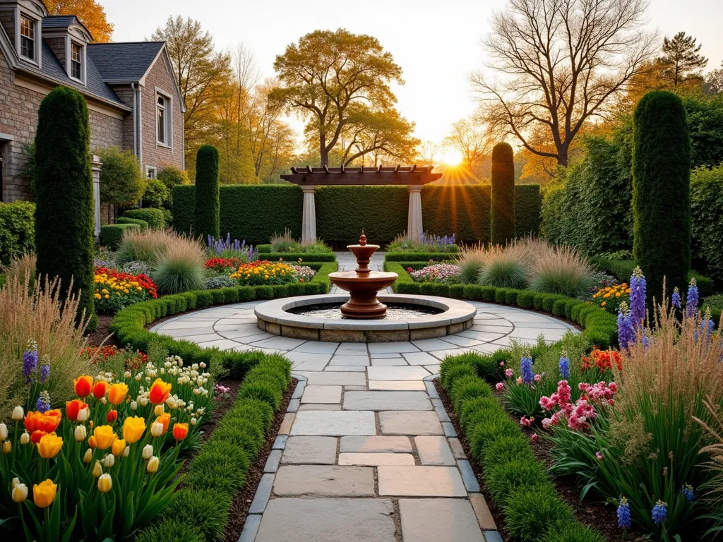 Four Seasons L-Shaped Garden Symphony - A stunning L-shaped garden photographed at golden hour with a wide-angle lens, showcasing four distinct seasonal zones that flow seamlessly together. The left wing features a vibrant spring meadow filled with colorful tulips, daffodils, and grape hyacinths in full bloom. The corner transition area showcases a dramatic curved pathway with architectural stone features and a copper water fountain as a focal point. The right wing displays a summer perennial border with towering delphiniums, flowering salvias, and ornamental grasses catching the warm evening light. Strategic lighting illuminates structural elements like sculptural topiary and a weathered wooden pergola, creating depth and drama. The garden includes specimen trees showing autumn colors and winter silhouettes, photographed with shallow depth of field at f/2.8 to create a dreamy atmosphere. Natural stone walls line the boundaries, softened by cascading plants and climbing roses.