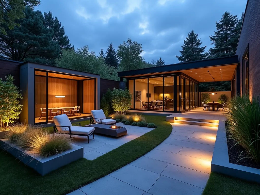 Modern Smart L-Shaped Garden with Integrated Technology - A stunning dusk photograph of a contemporary L-shaped garden space, captured with a wide-angle 16-35mm lens at f/2.8, ISO 400. Smart LED path lights illuminate a sleek curved walkway, while subtle ground-level lighting highlights modern landscaping. A minimalist outdoor office pod with glass walls sits in one corner, surrounded by geometric planters containing ornamental grasses. Discreet automated sprinklers are visible, along with subtle weather monitoring stations integrated into architectural elements. Solar-powered charging stations blend seamlessly with modern outdoor furniture. The scene is complemented by warm ambient lighting from contemporary wall sconces and strategic uplighting on feature plants. Bamboo screens provide privacy, while a smart pergola with automated shade control creates a sophisticated transition space.