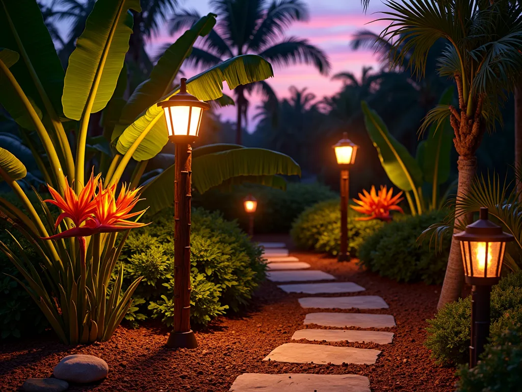 Tropical Paradise Lamp Post Garden at Dusk - A stunning dusk scene featuring a tall bamboo-styled outdoor lamp post casting a warm glow in a lush tropical garden setting. The lamp post is surrounded by towering banana plants with large emerald leaves, vibrant orange and red crotons, and dramatic bird of paradise flowers in full bloom. Tiki torches line a curved stone pathway, their flames dancing in the twilight. Rich brown tropical mulch covers the ground, dotted with strategically placed river rocks. The scene is captured from a low angle, emphasizing the height of the lamp post against a deep purple-orange sunset sky, with tropical foliage creating dramatic silhouettes. Ambient lighting creates mysterious shadows and highlights the textures of the exotic plants, while small solar accent lights illuminate the pathway edges.