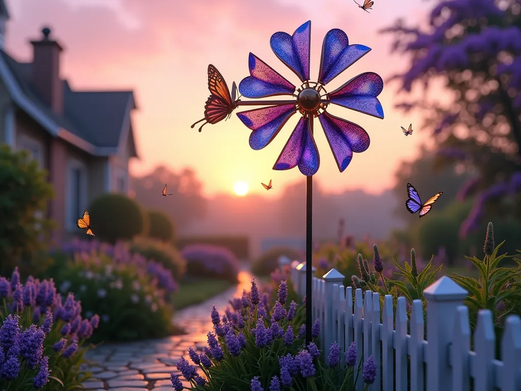 Butterfly Garden Windmill at Dawn - A magical garden scene at dawn featuring a 6-foot decorative windmill with iridescent butterfly-shaped blades in soft purples and blues, gently spinning in the morning breeze. The windmill stands in a lush cottage garden filled with purple coneflowers, lavender, and butterfly bush. Morning dew sparkles on the delicate metalwork of the windmill, which casts whimsical dancing shadows on a nearby white picket fence. The surrounding garden includes a winding cobblestone path and several real butterflies hovering around the blooming flowers. Shot from a low angle perspective to emphasize the windmill's height against the pink and golden dawn sky.