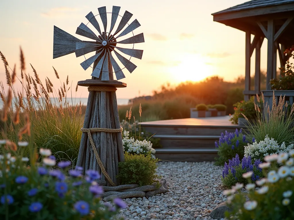 Coastal Garden Windmill at Sunset - A rustic 6-foot weathered wooden windmill with whitewashed blades stands prominently in a coastal garden setting at golden hour. The windmill features nautical rope accents wrapped around its base and natural driftwood details. Surrounded by swaying ornamental grasses like blue fescue and sea oats, with clusters of white beach daisies and purple verbena in the foreground. Coastal pebbles and scattered seashells create natural pathways. A weathered wooden deck partially visible in the background, with the warm sunset casting long shadows and giving the scene a peaceful, maritime atmosphere. Shot from a low angle to emphasize the windmill's height against the orange-pink sky.