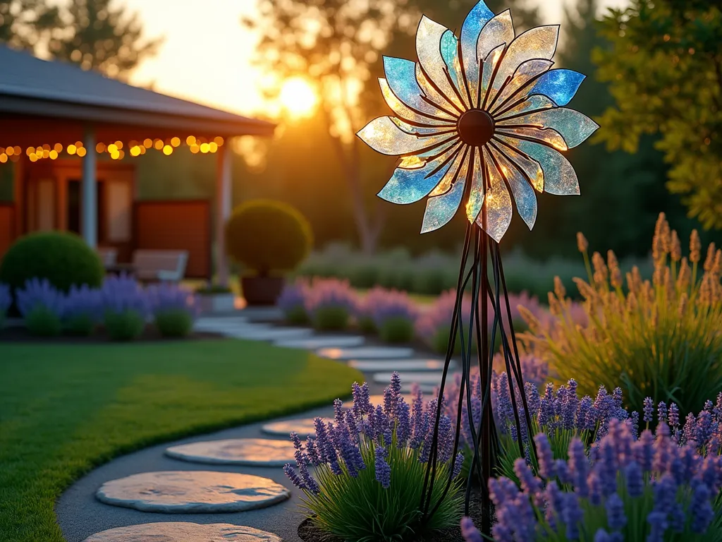 Crystal Wind Sculpture Mill at Sunset - A stunning garden scene at golden hour featuring an elegant 6-foot-tall modern wind sculpture with rotating crystal and stained glass elements. The artistic windmill structure has multiple tiers of delicate glass panels in varying shades of blue and clear crystal, creating a mesmerizing display of rainbow reflections across a peaceful garden setting. The sculpture is positioned in a curved flower bed bordered by lavender and ornamental grasses, with a natural stone pathway leading toward it. Warm sunset light filters through the rotating crystal elements, casting dancing light patterns on the surrounding foliage. The background shows a partially visible contemporary patio with string lights, while the foreground captures the gentle movement of the crystal panels in mid-rotation. Photorealistic, cinematic lighting, depth of field, ultra-detailed craftsmanship, 4K quality