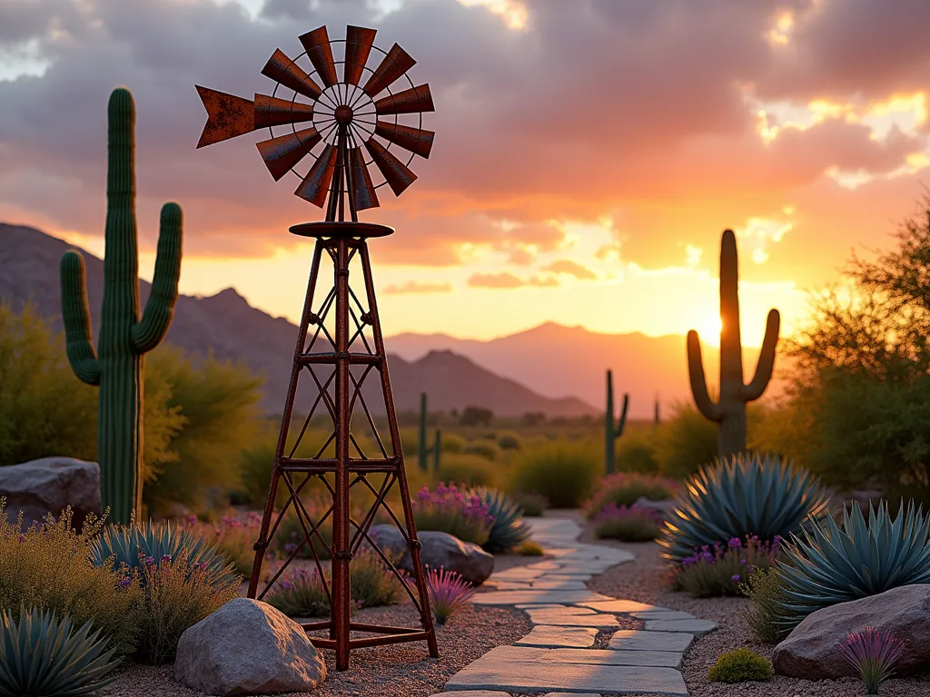 Desert Oasis Windmill Garden - A sun-drenched desert garden at golden hour featuring a rustic copper-toned metal windmill as the centerpiece, standing 8 feet tall with southwestern-inspired geometric patterns. The windmill is surrounded by a striking arrangement of tall saguaro cacti, barrel cacti, and blue agave plants. Weathered metal vanes catch the warm light, casting artistic shadows across a landscape of golden decomposed granite and strategically placed boulder formations. Desert wildflowers in muted purples and yellows dot the foreground, while a natural stone pathway winds through the scene. Shot from a low angle to emphasize the windmill's height against a dramatic orange and purple sunset sky, with mountains silhouetted in the background. Photorealistic, high detail, atmospheric lighting.