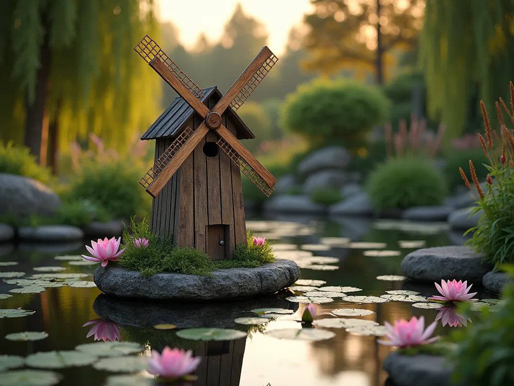 Floating Garden Windmill at Dusk - A serene garden scene at dusk featuring a delicate wooden windmill floating on a naturally landscaped pond. The windmill, crafted in a traditional Dutch style with weathered cedar, gently spins above lily pads and water lilies. Shot with a wide-angle perspective capturing the entire pond setting, with natural stone borders and ornamental grasses swaying in the background. Soft golden hour lighting creates a magical reflection on the water's surface, while the spinning blades create gentle ripples. Japanese maples and weeping willows frame the scene, their foliage casting intricate shadows on the water. Professional photography with shallow depth of field highlighting the floating windmill while maintaining environmental context.