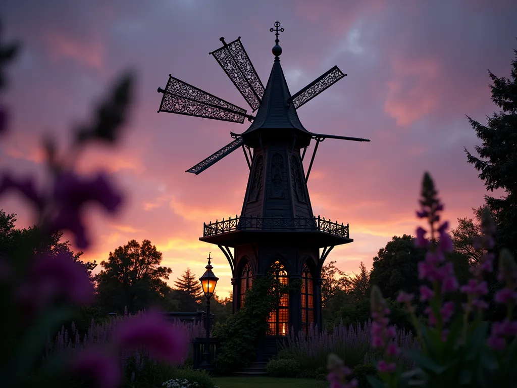 Gothic Garden Windmill at Twilight - A dramatic twilight scene of a 12-foot tall Gothic-style garden windmill with intricate black wrought iron details and spires, positioned in a Victorian garden. The windmill features pointed arch designs, ornate metalwork patterns, and dark bronze finishes that catch the last rays of sunset. Shot from a low angle perspective, with the windmill silhouetted against a deep purple-orange sky. In the foreground, dark purple foxgloves and black mondo grass sway gently, while climbing dark roses wind up the windmill's base. Vintage-style gas lanterns cast an ethereal glow on the metalwork, highlighting the detailed craftsmanship. Photographed with a wide-angle lens creating depth and drama, with selective focus on the intricate Gothic details. 8K, highly detailed, professional photography, dramatic lighting.