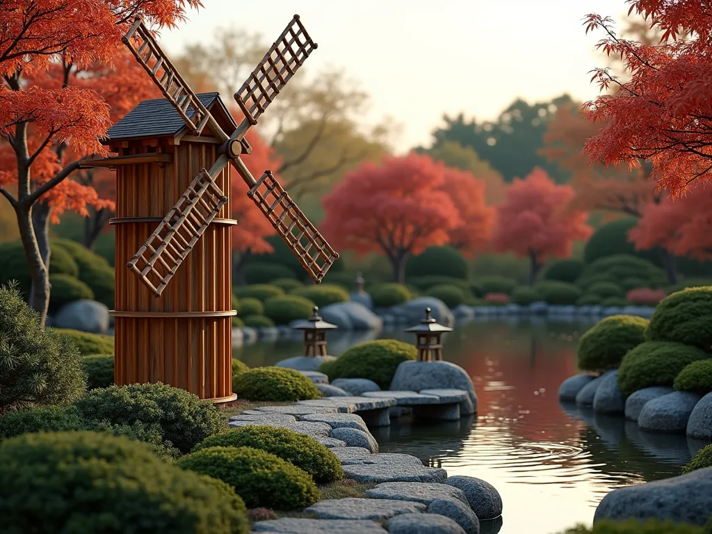 Serene Japanese Garden Windmill at Dusk - A harmonious Japanese garden scene at dusk featuring a elegant bamboo and cedar wooden windmill with clean geometric lines, set against a backdrop of carefully manicured Japanese maple trees. The windmill stands 6 feet tall near a peaceful koi pond with stone lanterns. Natural stone pathways wind through the garden, lined with moss-covered rocks and dwarf bamboo. Soft evening light casts gentle shadows across the zen-inspired landscape, while the windmill's blades move gracefully in the breeze. Shot in wide angle to capture the entire peaceful composition, with the windmill as the focal point.