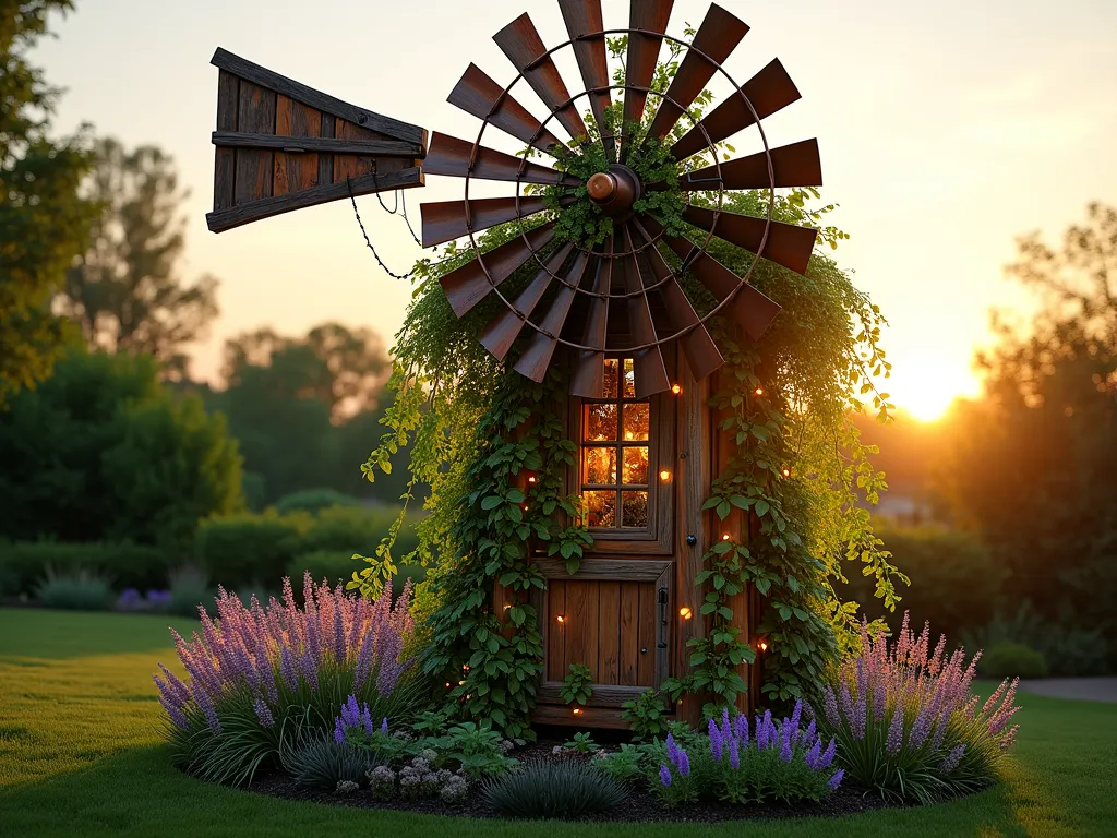 Living Green Windmill Wall at Sunset - A stunning garden windmill structure at sunset, transformed into a living wall with climbing wisteria and jasmine vines gracefully intertwining through its spinning blades. The 12-foot tall wooden windmill frame features weathered copper accents, with lush green foliage cascading down its sides. Soft golden evening light filters through the spinning vanes, creating dynamic shadows on the surrounding garden. The base is surrounded by blooming lavender and ornamental grasses, while string lights weave through the structure, creating a magical atmosphere. Shot from a three-quarter angle to showcase both the movement of the blades and the vertical garden aspect.