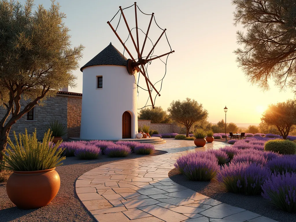 Mediterranean Windmill Garden at Sunset - A photorealistic wide-angle shot of an elegant Mediterranean garden at golden hour, featuring a pristine whitewashed traditional windmill with clean geometric lines as the focal point. The windmill stands 12 feet tall against a warm sunset sky, surrounded by flowing waves of purple lavender beds and gnarled olive trees. The garden path is made of natural limestone pavers, winding through the landscape. Terracotta pots with cascading Mediterranean herbs accent the scene. The lighting creates long, dramatic shadows, while the windmill's white finish glows warmly in the evening light. Architectural elements include a rustic stone wall in the background and a small gravel seating area with wrought iron furniture.