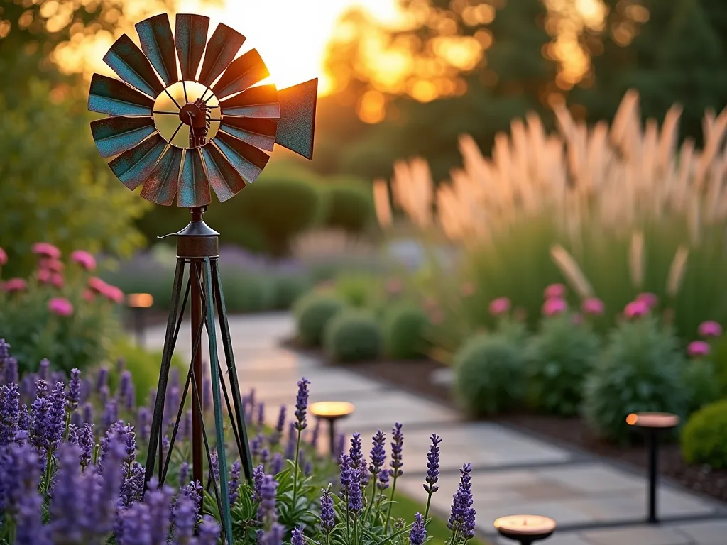 Elegant Copper Garden Windmill at Sunset - A close-up shot of a beautifully weathered 3-foot copper garden windmill with verdigris patina, set in a lush flower garden at sunset. The windmill stands elegantly among blooming purple lavender and pink echinacea flowers, with ornamental grasses swaying in the background. Golden evening light catches the spinning copper blades, creating warm highlights against the aged green patina. A stone pathway curves around the base, with copper solar lights illuminating the scene. Shallow depth of field emphasizes the intricate details of the windmill's metalwork.