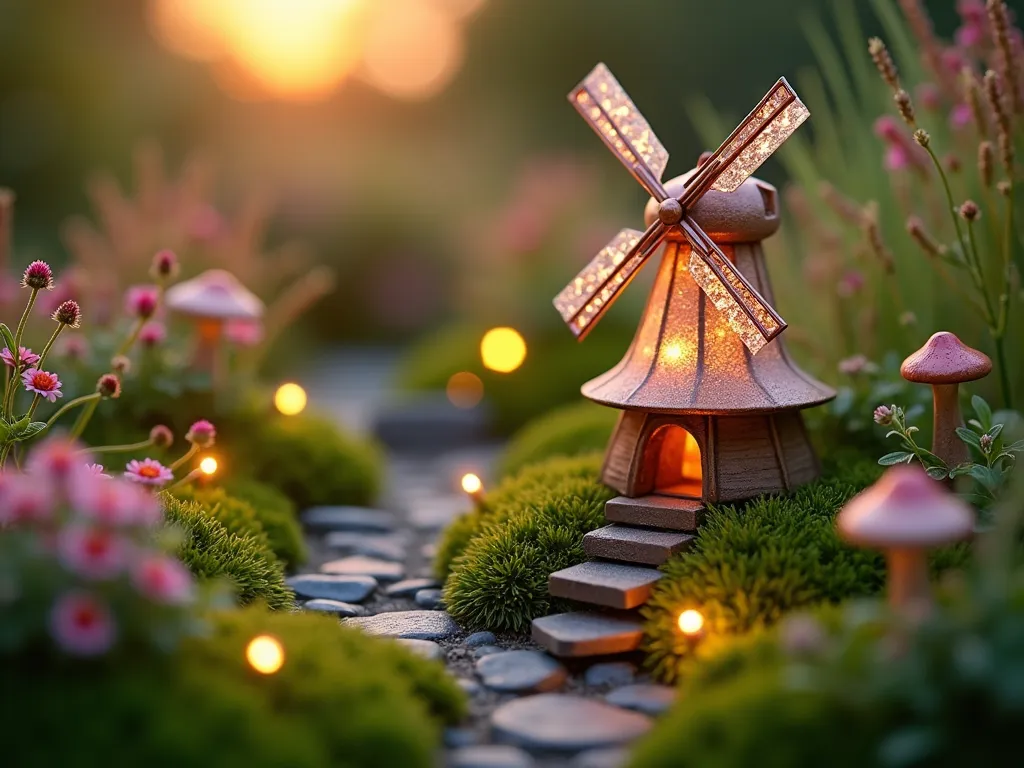 Enchanted Fairy Garden Windmill at Dusk - A magical close-up shot of a delicate copper and glass miniature windmill (3 inches tall) nestled in a whimsical fairy garden setting. The windmill's sails gently catch the golden hour light, creating ethereal sparkles. Surrounded by tiny flowering thyme, miniature Irish moss, and baby's tears creating a lush green carpet. Small twinkling solar-powered fairy lights illuminate the scene, while delicate ceramic toadstools and a diminutive cobblestone path lead to the windmill's base. Captured with shallow depth of field highlighting the intricate details of the windmill against a softly blurred background of dwarf ornamental grasses and miniature roses. Shot at dusk with warm, magical lighting and subtle bokeh effects.