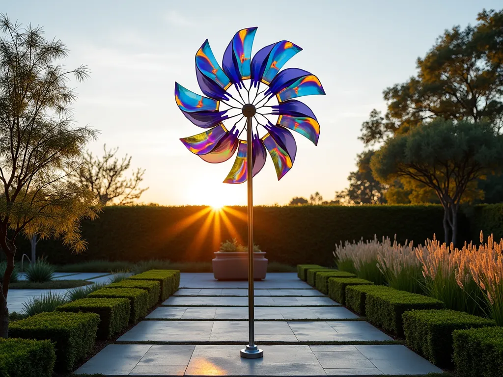 Modern Art Garden Windmill at Sunset - A stunning contemporary garden windmill installation photographed during golden hour, featuring sleek geometric blades made of iridescent blue and purple acrylic that catch the setting sun. The 8-foot-tall sculptural piece stands as a focal point in a minimalist garden landscape, surrounded by ornamental grasses and geometric boxwood hedges. The polished stainless steel central column reflects the warm evening light, while the transparent acrylic blades cast colorful shadows across a modern stone patio. Captured with a wide-angle perspective showing the entire installation within its garden context, with subtle motion blur in the rotating blades suggesting gentle movement. Sharp architectural lines contrast with the soft natural elements, creating a harmonious blend of modern art and nature.