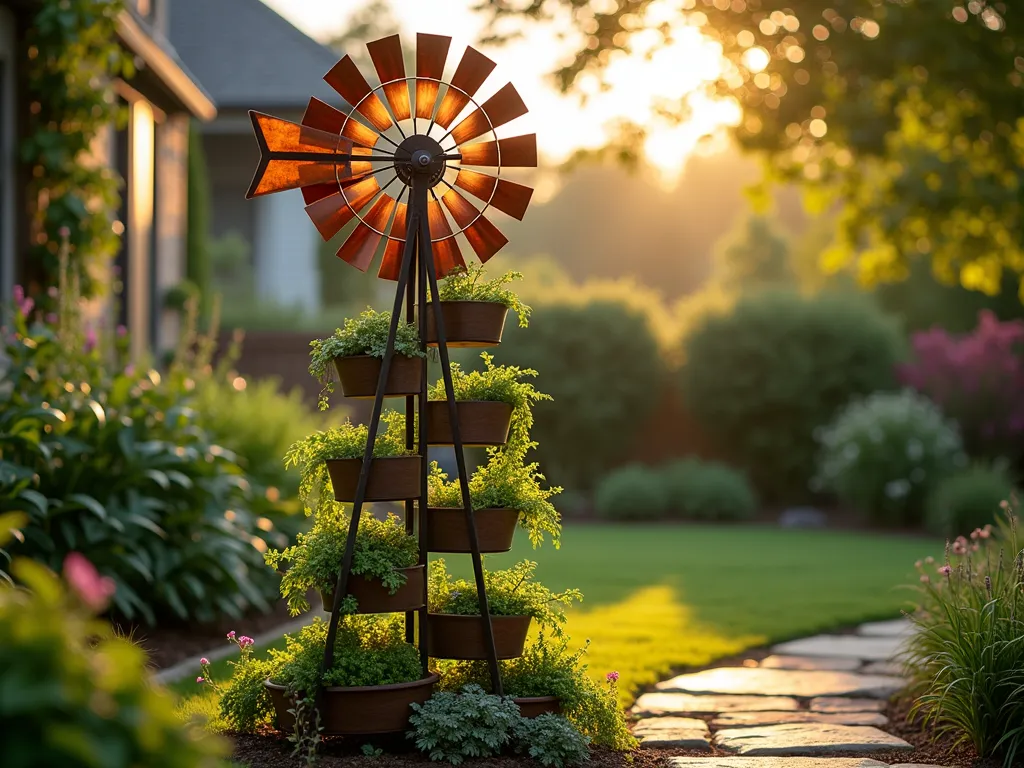 Modern Herb Garden Windmill at Sunset - A contemporary 8-foot-tall garden windmill with integrated wooden herb planters arranged in a spiral pattern around its base, photographed during golden hour. The structure features a sleek metal frame with rotating copper blades catching the warm evening light. Multiple tiers of fresh herbs including sage, basil, thyme, and rosemary cascade down the levels, creating a living wall effect. The windmill stands in a well-maintained backyard garden with a natural stone pathway leading to it. Shot with shallow depth of field focusing on the herb-filled planters, with the spinning blades creating gentle motion blur against a soft-focus garden background. Dappled sunlight filters through the structure, casting intricate shadows on the herbs below.