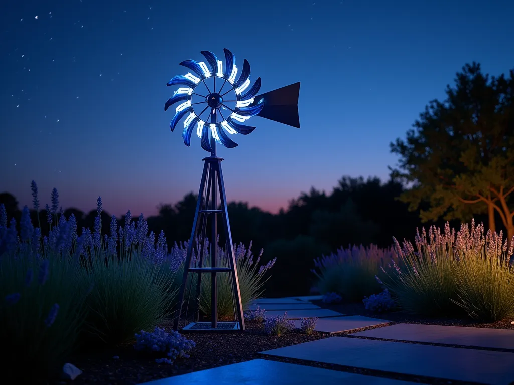 Modern LED Windmill Garden Feature at Twilight - A stunning twilight photograph of a sleek, 8-foot modern garden windmill with minimalist brushed steel blades illuminated by integrated blue and white LED lights, creating ethereal light trails as it spins. The windmill stands as a centerpiece in a contemporary garden landscape, surrounded by ornamental grasses and lavender. Shot from a low angle perspective with a wide-angle lens, capturing the windmill against a deep purple-blue dusk sky with scattered stars. Solar panels are subtly visible at the base, while the soft glow reflects off a nearby stone pathway and creates dancing patterns on the surrounding foliage. Professional DSLR capture with perfect exposure balance between the LED illumination and ambient twilight, f/8, ISO 100, 1/125 second exposure.