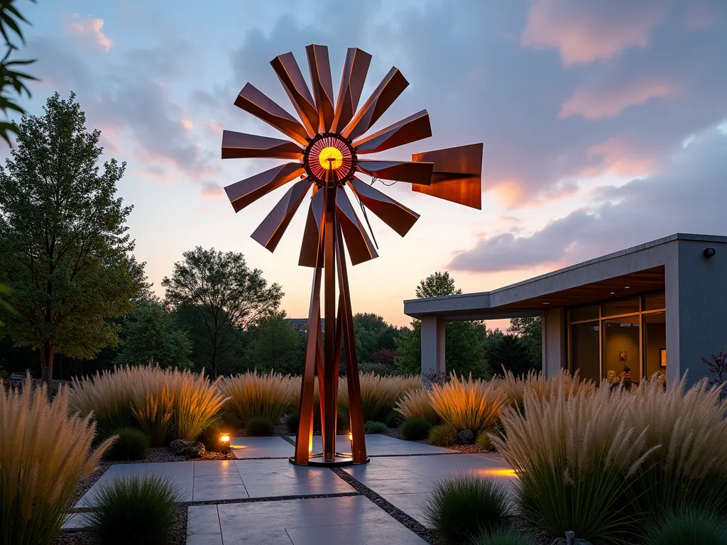 Modern Solar Kinetic Garden Windmill at Dusk - A captivating wide-angle shot of a contemporary solar-powered kinetic windmill sculpture in a serene garden setting at dusk. The striking 8-foot-tall metallic installation features multiple spinning geometric shapes in copper and brushed steel, creating mesmerizing patterns as they rotate at different speeds. Solar panels elegantly integrated into the design catch the warm evening light, while LED accent lighting begins to glow. The windmill is surrounded by ornamental grasses swaying in the breeze, with Muhly grass and Mexican feather grass creating a soft, ethereal backdrop. Clean modern landscaping with geometric pavers and ground-level lighting complements the sculptural piece. Shot with shallow depth of field to capture the dynamic movement, with the golden hour sky creating a dreamy atmosphere. F/2.8, 16mm, ISO 400.