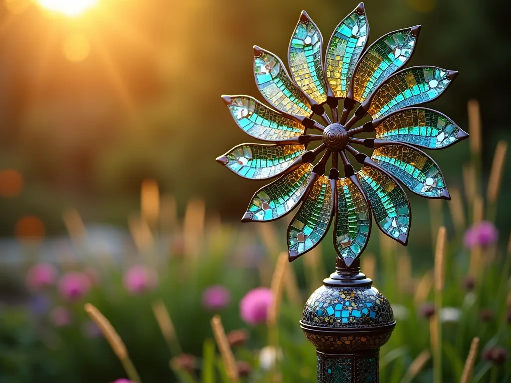 Sunset Mosaic Garden Windmill - A stunning close-up photograph of an ornate garden windmill at golden hour, featuring intricate mosaic work in jewel tones of sapphire blue, emerald green, and amber. The windmill's blades are adorned with mirrored tiles that catch the warm sunset light, creating dancing reflections across the surrounding garden. The structure stands 6 feet tall against a soft-focused background of flowering perennials and ornamental grasses. Shot with shallow depth of field highlighting the detailed tile work and metallic accents, while garden fairy lights twinkle in the bokeh background. The mosaic pattern spirals up the windmill's tower in a mesmerizing mandala-like design, incorporating hand-cut glass tiles, mirror fragments, and iridescent pieces that transform the traditional windmill into a piece of artistic garden sculpture.