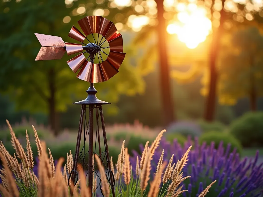 Multi-Tier Garden Windmill at Sunset - A stunning backyard garden scene at golden hour, featuring an elegant multi-tiered copper and steel windmill sculpture as the focal point. The windmill stands 7 feet tall with three distinct tiers of polished metal blades, each spinning at different speeds in the evening breeze. Shot from a low angle with a wide 16mm perspective, capturing ornamental grasses swaying in the foreground and the warm sunset creating dramatic backlighting on the spinning blades. The windmill is positioned among flowing beds of lavender and Russian sage, their purple hues complementing the metallic finish of the sculpture. Soft bokeh effect highlights the dreamy atmosphere while maintaining sharp detail on the intricate mechanical elements of the windmill. The background features blurred maple trees with the golden sun peeking through their leaves, creating a magical garden atmosphere. Photorealistic, cinematic lighting, ultra-detailed metalwork, shot with a Canon EOS R5, f/2.8, ISO 400.