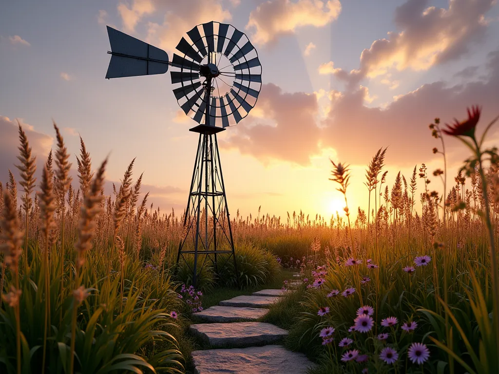 Prairie Windmill at Golden Hour - A majestic traditional metal windmill, standing 15 feet tall with multiple silver blades catching the golden hour sunlight, positioned in a naturalistic garden setting. The windmill is surrounded by flowing waves of native prairie grasses including feather reed grass and little bluestem, swaying in the gentle breeze. Shot from a low angle perspective, with the sun setting behind the windmill creating a dramatic silhouette effect. The scene captures the rustic charm of the American Midwest, with the windmill's blades gently turning against a warm orange and purple sky. Natural stone pathways wind through the grasses, while black-eyed susans and purple coneflowers add splashes of color. Photographed with a wide-angle lens creating depth and drama, professional digital photography, hyper-realistic, atmospheric lighting.