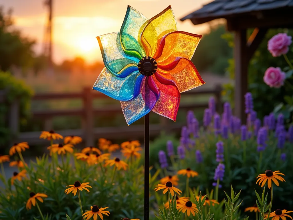 Rainbow Garden Windmill at Sunset - A whimsical garden windmill with translucent rainbow-colored blades spinning gracefully in a cottage garden setting, photographed during golden hour. The windmill stands 6 feet tall against a warm sunset sky, casting prismatic light patterns across a lush garden bed filled with lavender and black-eyed susans. Captured with a wide-angle perspective showing the complete garden context, including a rustic wooden fence and climbing roses in the background. The spinning blades create magical rainbow reflections on the surrounding foliage, while solar-powered LED lights embedded in the windmill's frame add an ethereal glow. Shot with professional DSLR camera, f/8 aperture, ISO 100, 1/125 shutter speed, emphasizing the interplay of natural light through the transparent blades.