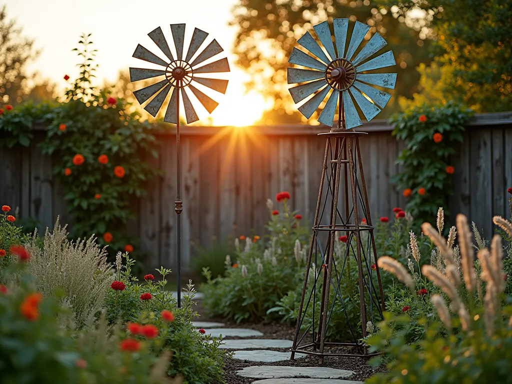 Rustic Recycled Garden Windmill at Sunset - A charming rustic garden windmill crafted from repurposed materials stands 8 feet tall in a cottage garden setting, photographed during golden hour. The windmill's blades are made from vintage bicycle wheels painted in weathered blue, while the structure incorporates antique farm equipment and copper piping. Surrounded by flowering native perennials and ornamental grasses that sway in the evening breeze, the windmill casts intricate shadows across a natural stone pathway. Shot with a wide-angle lens to capture the entire windmill while maintaining intimate garden details, with warm sunset light filtering through the spinning wheels, creating a magical sustainable garden focal point. The background features a weathered wooden fence covered in climbing roses, adding depth and texture to the composition.