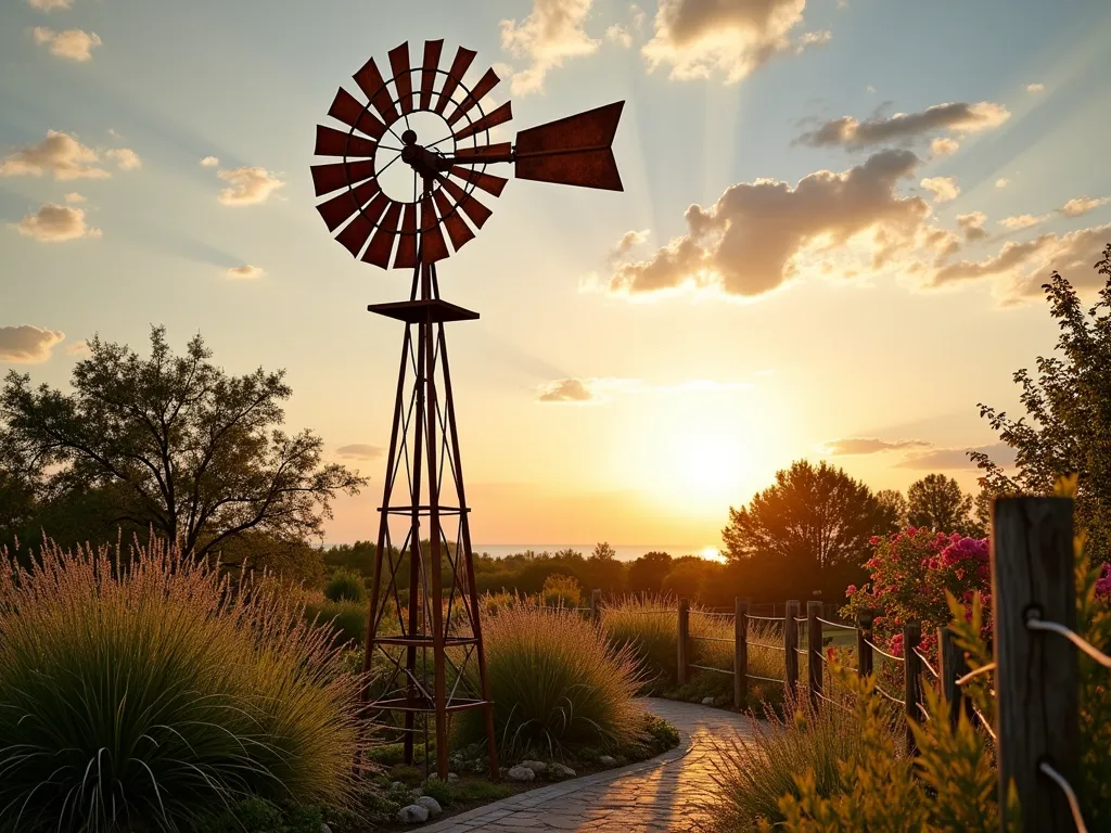 Rustic Farm Windmill at Golden Hour - A majestic weathered metal windmill stands tall in a beautifully landscaped garden, photographed during golden hour. The multi-blade windmill, standing 12 feet tall, features a naturally developed copper-brown patina, its blades gently turning in the evening breeze. Surrounded by flowing ornamental grasses and native wildflowers, the windmill is perfectly framed against a warm sunset sky with wispy clouds. The wide-angle composition captures the entire garden setting, including rustic wooden fence posts and climbing roses in the background. Natural shadows cast intricate patterns across the garden path, while the metal structure catches the last rays of sunlight, creating a romantic countryside atmosphere. Shot with cinematic depth, emphasizing the windmill's authentic farm heritage and its role as a striking garden focal point.