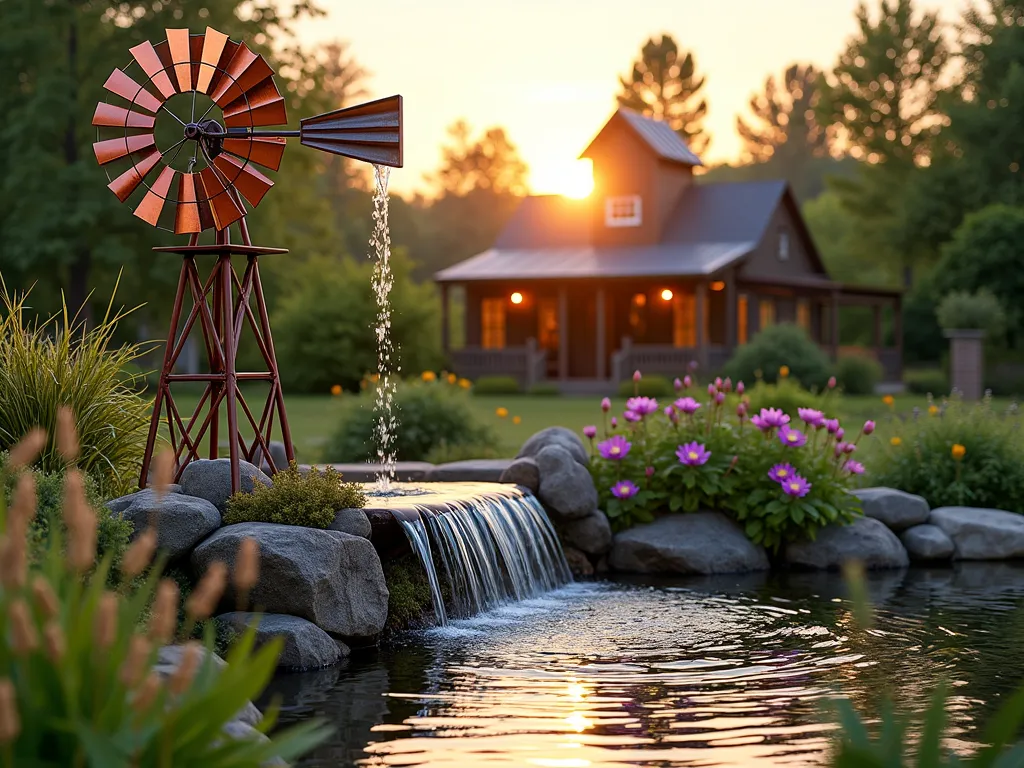 Rustic Water-Pumping Garden Windmill at Sunset - A stunning dusk scene featuring a 12-foot traditional metal windmill with copper and weathered steel finishes, its blades gently turning in the evening breeze. The windmill powers a cascading water feature that flows into a natural-looking pond surrounded by river rocks and water lilies. Soft golden sunlight filters through the spinning blades, casting dancing shadows on the water's surface. Native grasses and purple coneflowers sway in the foreground, while the background shows a cozy farmhouse-style garden with climbing roses on a wooden trellis. The water creates a mesmerizing ripple effect, with small streams trickling down weathered copper pipes into the pond. Shot from a wide angle to capture the entire peaceful scene, with magical golden hour lighting highlighting the flowing water and metallic details of the windmill.