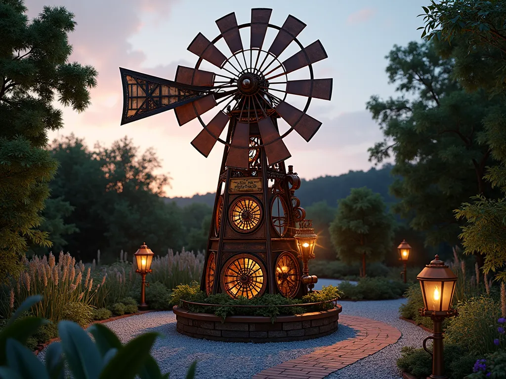 Steampunk Garden Windmill at Dusk - A dramatic dusk scene featuring a 12-foot tall steampunk industrial windmill as a garden centerpiece. The windmill's copper and brass blades slowly turn, catching the golden hour light. Intricate exposed gears and mechanical components in weathered bronze and copper tones create an industrial aesthetic. Victorian-inspired metalwork incorporates detailed filigree patterns. LED lights illuminate the spinning mechanisms from within, casting intricate shadows on the surrounding garden path. Ornamental grasses and dark-leaved plants provide a natural contrast to the metallic structure. The windmill stands in a meticulously landscaped garden corner with crushed gravel pathways and weathered brick borders. Vintage-style copper lanterns line the approaching path, while climbing vines begin to embrace the windmill's lower support structure, cinematic lighting, photorealistic, highly detailed