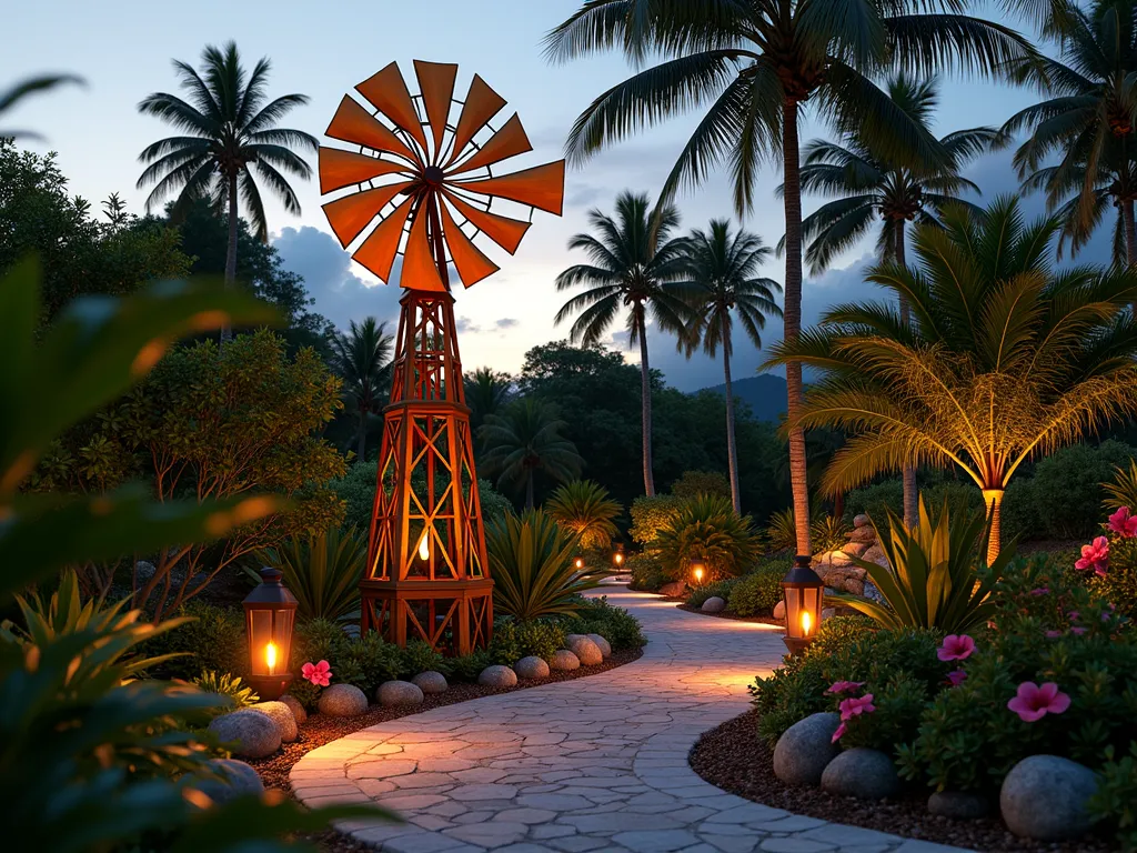 Tropical Palm Windmill Garden Paradise - A stunning dusk scene featuring a 6-foot ornamental windmill with palm frond-shaped blades crafted from natural bamboo and weathered teak, gently spinning in a lush tropical garden setting. The windmill is surrounded by towering Bird of Paradise plants, colorful Hawaiian Ti plants, and mature palm trees. A winding stone pathway leads to the windmill, bordered by tropical hibiscus and fragrant plumeria flowers. Warm evening light filters through the foliage, creating dramatic shadows, while small solar-powered landscape lights illuminate the base of the windmill. The composition is captured in a wide-angle perspective, showing the windmill as a sculptural focal point within the tropical paradise landscape. Tiki torches provide ambient lighting, and a small cascading water feature adds to the tropical atmosphere. Photorealistic, high detail, architectural photography style.