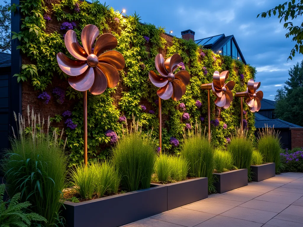 Modern Vertical Garden Windmill Display - A stunning dusk photograph of a contemporary urban garden featuring a 10-foot tall living wall system integrated with copper and steel decorative windmills of varying sizes (8-24 inches). The windmills are artfully arranged in a spiral pattern among lush green ferns, trailing ivy, and purple climbing clematis. Warm LED uplighting illuminates the installation, casting intricate shadows on the textured wall surface. The wide-angle shot captures the entire vertical garden structure while showing intimate details of the weathered copper windmills gently spinning in the evening breeze. Modern geometric planters at the base contain ornamental grasses that echo the movement of the windmills above. Shot with atmospheric depth, showcasing the interplay of natural and architectural elements.