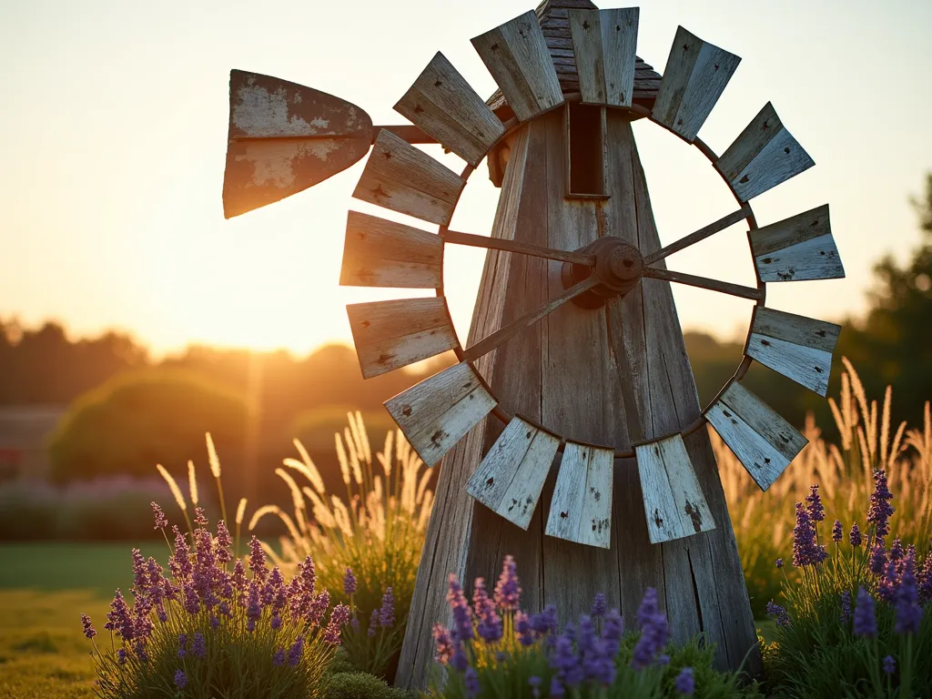 Rustic Garden Windmill at Golden Hour - A vintage 8-foot wooden windmill with weathered gray and white paint stands majestically in a cottage garden setting at golden hour. The windmill's blades cast intricate shadows across a bed of blooming lavender and native grasses. Shot from a low angle to emphasize height, with warm evening sunlight filtering through the rotating blades. The windmill features authentic rust spots and peeling paint, surrounded by butterfly bush and ornamental grasses swaying in the breeze. Captured with shallow depth of field highlighting the windmill's intricate mechanical details and distressed wood grain. Professional DSLR photograph with warm, golden lighting and perfect exposure showing the rich textures of the aged wood against a soft-focus natural garden backdrop.