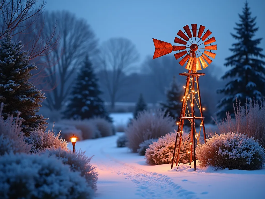 Illuminated Winter Garden Windmill at Dusk - A stunning twilight photograph of a rustic 8-foot metal windmill in a snow-covered garden, shot at f/2.8 with a 16-35mm lens. The windmill's weathered copper finish contrasts beautifully against the white landscape, with warm LED string lights delicately wrapped around its vanes creating a magical glow. Frost-covered ornamental grasses and dormant hydrangeas surround the base, while evergreen shrubs provide structure in the background. Soft blue hour lighting casts long shadows across the pristine snow, with the windmill's gentle movement creating a dreamy, long-exposure effect. Small solar-powered garden lights illuminate the pathway leading to the windmill, creating a enchanting winter garden scene.