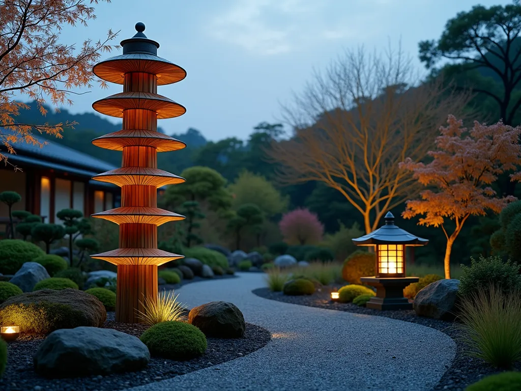 Zen Garden Bamboo Wind Spinner - A serene Japanese zen garden at dusk featuring a tall, multi-tiered bamboo wind spinner with delicate rotating panels casting gentle shadows. The windmill is surrounded by carefully raked gravel patterns, moss-covered rocks, and dwarf maple trees. A stone lantern glows softly nearby, while ornamental grasses sway in the breeze. Shot with a medium-wide angle to capture both the windmill's elegant movement and its harmonious integration with the peaceful garden setting. Professional DSLR photography with perfect exposure showing the warm, golden hour lighting filtering through the spinning bamboo tiers.