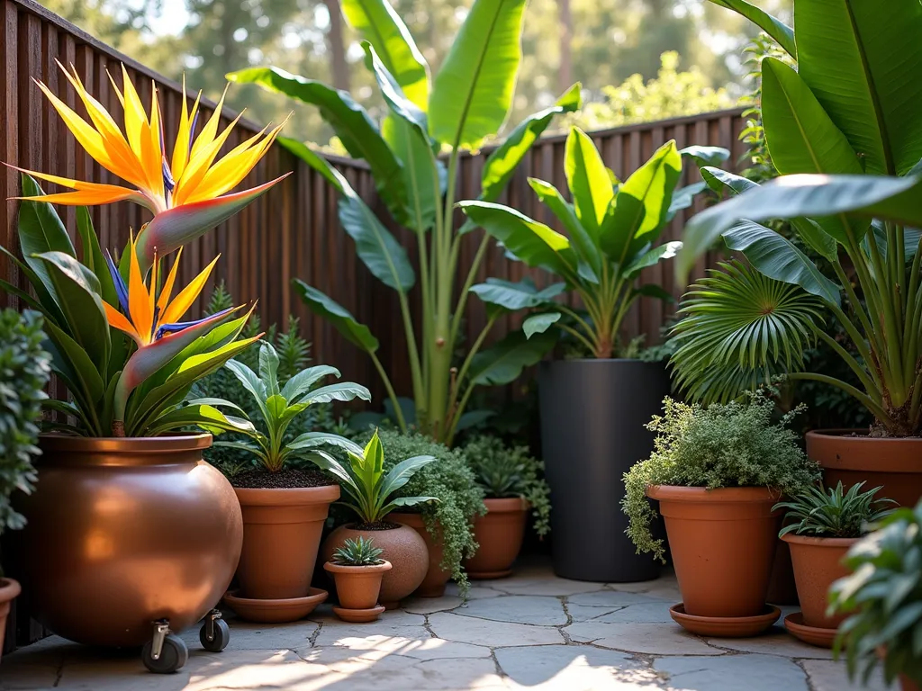 Lush Tropical Container Garden Paradise - A stunning DSLR wide-angle photograph of a cozy patio corner featuring an artfully arranged collection of decorative containers bursting with tropical foliage, captured during golden hour. In the foreground, a majestic bird of paradise emerges from a large copper-toned planter on discrete wheels, its dramatic leaves reaching skyward. Surrounding it, various-sized ceramic pots in earth tones showcase vibrant crotons with their multicolored leaves catching the warm light. A dwarf banana plant stands prominently in a tall charcoal container, its broad leaves creating natural shade. The containers are thoughtfully arranged in a cascading effect, with smaller pots featuring trailing tropical vines at different heights. Natural stone pavers beneath add texture, while a wooden privacy screen in the background creates depth. Soft evening sunlight filters through the foliage, creating dramatic shadows and highlighting the rich colors of the tropical plants. f/8, ISO 100, 1/125 sec, natural lighting.