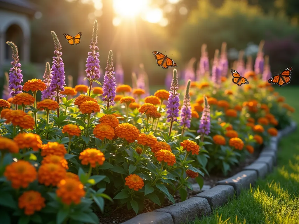 Butterfly Haven Lantana Border at Sunset - A enchanting garden border photographed at golden hour with a wide-angle perspective showing a lush, curved butterfly garden. Vibrant clusters of orange and yellow lantana flowers blend harmoniously with towering purple butterfly bush spikes and native wildflowers. Multiple monarch and swallowtail butterflies hover gracefully above the blooms. Soft, warm sunlight filters through the scene, creating a magical atmosphere with subtle lens flare. The mixed-height border is perfectly composed against a blurred background of a cozy backyard setting, with natural stone edging defining the garden's graceful curves. Shot with a 16-35mm lens at f/2.8, creating a dreamy bokeh effect while maintaining sharp detail in the foreground flowers and butterflies.