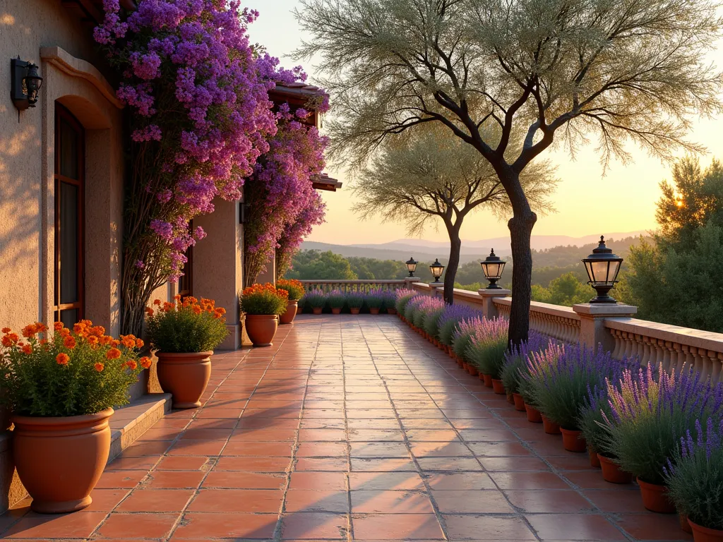 Mediterranean Lantana Terrace at Sunset - A stunning Mediterranean-style terrace at golden hour, featuring cascading purple and orange lantana flowers spilling elegantly from weathered terracotta pots along stone balustrades. Mature olive trees cast gentle shadows across the terracotta-tiled floor, while neat rows of fragrant lavender and rosemary create structure. The wide-angle composition captures the warm, evening light illuminating the trailing lantana blooms against a backdrop of rustic stucco walls and wrought iron details. The scene evokes a sense of timeless Mediterranean charm with drought-tolerant plants thriving in a well-designed space, photorealistic, high detail, architectural photography style.