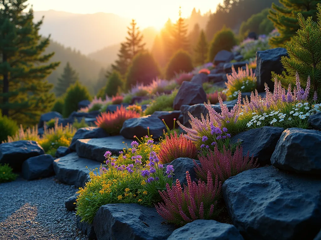 Alpine Lava Rock Garden at Dawn - A stunning DSLR wide-angle photograph of a terraced alpine rock garden at dawn, with golden sunlight casting long shadows across black and red lava rocks. Small clusters of vibrant alpine flowers, including purple saxifraga, white arabis, and yellow sedum, nestle between carefully placed volcanic rocks of varying sizes. The garden features multiple levels creating a natural mountain-like terrain, with a gentle morning mist hovering above. Tiny evergreen shrubs and dwarf conifers add year-round structure, while delicate alpine flowers cascade over the edges of the lava rock formations. The composition captures the intricate details of the rock textures and the interplay of light and shadow, photographed at f/8 for optimal depth of field, showcasing both the detailed foreground plantings and the broader garden landscape. Small gravel pathways wind through the garden, creating a naturalistic mountain setting in a residential backyard space.