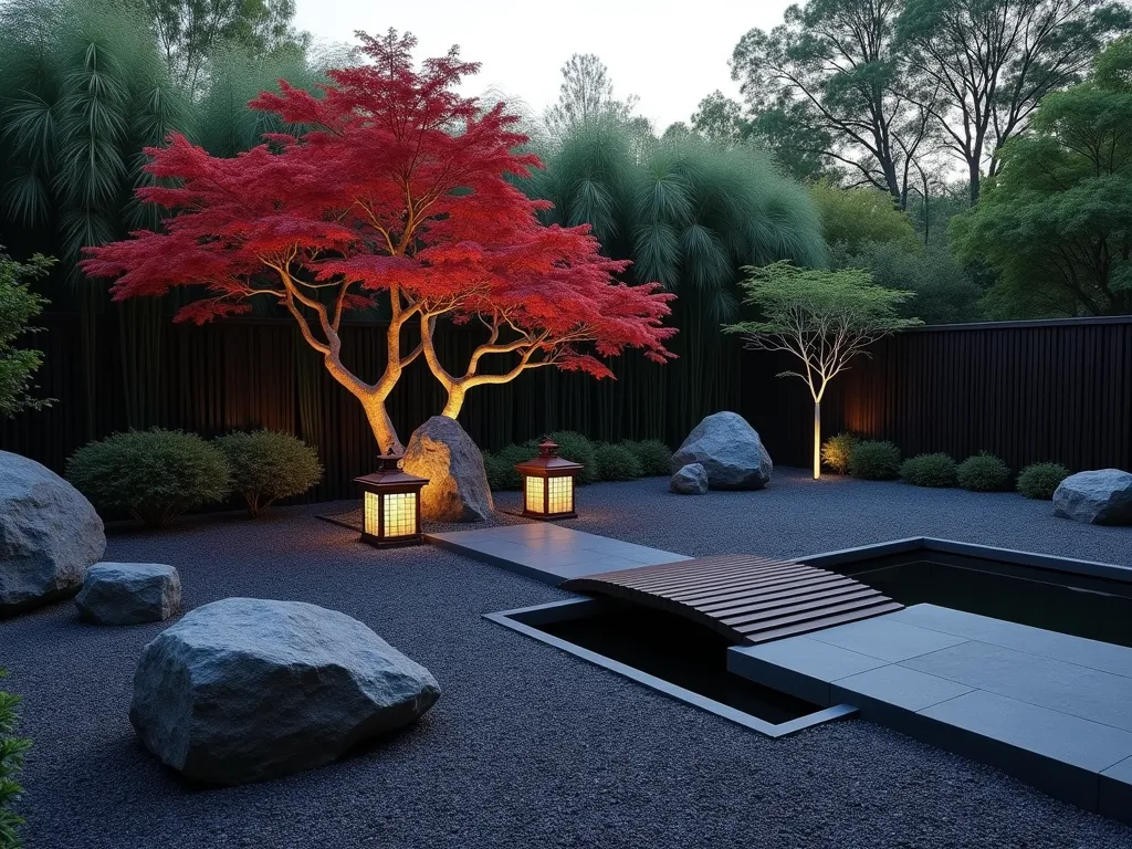 Serene Asian Lava Rock Garden at Dusk - A serene Asian-inspired garden at dusk, photographed in wide angle. Black lava rocks of varying sizes create elegant pathways and ground cover, complemented by towering black bamboo stalks swaying gently in the background. A stunning Japanese maple with deep red foliage serves as a focal point, its branches gracefully extending over carefully placed large granite boulders. Soft landscape lighting illuminates the space, casting gentle shadows across the minimalist design. Small wooden bridges and traditional stone lanterns add authentic Asian elements, while a peaceful reflection pool bordered by smooth lava rocks mirrors the evening sky. The entire space exudes tranquility and zen-like simplicity, perfectly balancing natural elements with deliberate design.