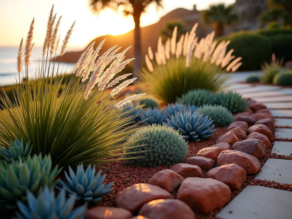 Coastal Garden Edge with Red Lava Rock Border - A serene coastal garden at golden hour, featuring a curved garden bed bordered with vibrant red lava rocks. The border is artfully arranged with varying sizes of volcanic stones creating a natural flow. Wispy ornamental grasses sway gently in the foreground, while clusters of blue-green succulents and coastal sage provide dramatic contrast against the red rocks. The late afternoon sun casts long shadows, highlighting the texture of the lava rocks and catching the silver highlights of the grass plumes. Shot from a low angle to emphasize the interplay between the rocky border and the architectural plants, with a soft-focus background suggesting more garden space beyond. The composition shows meticulous landscaping with clear layers: the lava rock border, drought-resistant plants, and a sandy soil base, all working together to create a stunning coastal garden aesthetic.