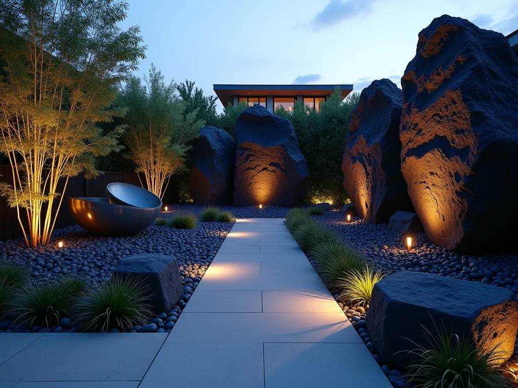 Modern Lava Rock Sculpture Garden at Dusk - A stunning contemporary garden space at dusk, photographed with a wide-angle lens capturing the dramatic interplay of natural and artistic elements. Large, angular black lava rocks rise like sculptures from a bed of smaller volcanic stones, creating organic geometric forms. Modern metal sculptures in brushed steel complement the rocks, while strategic lighting casts dramatic shadows. Minimalist concrete pathways weave through the space, bordered by architectural grasses and bamboo. The subtle glow of modern LED ground lighting illuminates the textured surfaces of the lava rocks, creating an ethereal atmosphere. Shot with natural light during blue hour, ISO 400, f/2.8, creating a perfect balance between the fading natural light and artificial garden illumination.