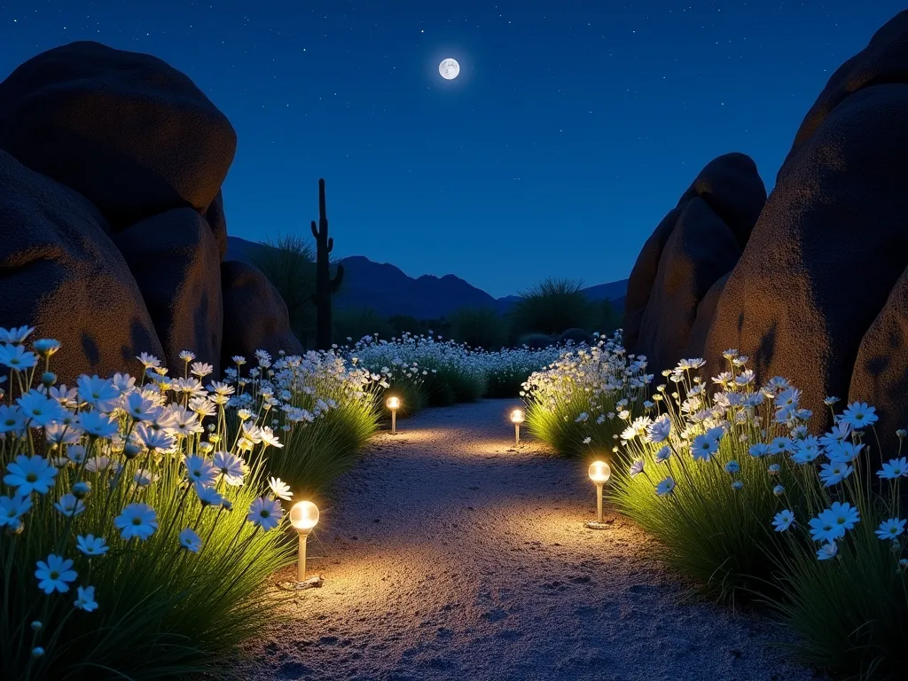 Desert Moon Garden with Illuminated Lava Rock - A stunning nighttime garden scene captured with a wide-angle lens, featuring a serene arrangement of white moonflowers and desert roses blooming against dramatic black lava rock formations. Solar-powered ground lights cast ethereal shadows on the textured volcanic rocks, while strategically placed uplighting makes the pure white flowers appear to float in the darkness. The garden path winds through the composition, lined with glowing orb lights that complement the natural moonlight. Crystal-clear stars twinkle in the deep blue desert sky above, while the silvery light creates a mystical atmosphere across the landscape. The DSLR camera perfectly captures the interplay of light and shadow, with the f/8 aperture ensuring both the delicate flower petals and the rugged rock textures remain crisp and detailed.