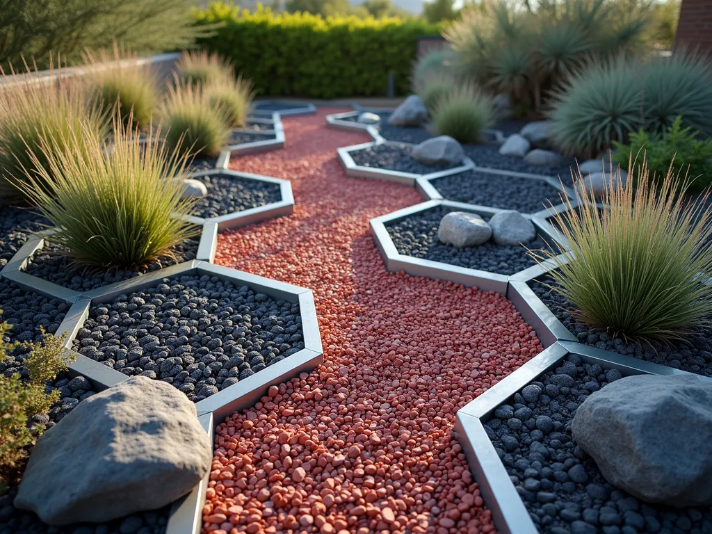 Modern Geometric Lava Rock Garden Design - A DSLR wide-angle capture of a contemporary garden space featuring striking geometric patterns created with black, red, and gray lava rocks. Clean metal edging in brushed steel defines hexagonal and triangular sections, each filled with precisely arranged rocks of different sizes. Drought-resistant Blue Fescue grass and Silver Torch Cactus emerge strategically from the patterns, creating height variation. Late afternoon sunlight casts dramatic shadows across the geometric design, enhancing the texture and color contrast of the rocks. The composition is photographed at f/8, perfectly capturing the intricate details of the modern hardscaping against a softly blurred background of mature desert landscaping.