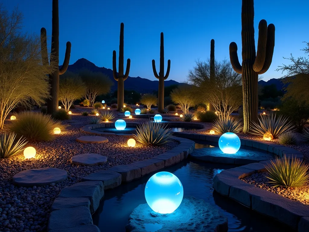 Illuminated Desert Night Garden with Lava Rock - A stunning nighttime garden photography showcasing a modern desert landscape design. Dark volcanic lava rocks create dramatic pathways illuminated by warm LED ground lights. Desert plants like white-flowering Yucca and silver-blue Agave cast ethereal shadows. Glowing glass orbs in varying sizes emit a soft blue-white light, nestled among the rocks. Tall Saguaro cacti silhouettes stand majestically against a deep blue twilight sky. The wide-angle composition captures the entire garden space, with strategically placed uplighting highlighting the textural contrast between smooth and rough lava rocks. In the foreground, a contemporary water feature with black lava rock creates gentle reflections of the lighting elements. Shot with atmospheric depth and professional lighting techniques to capture the magical ambiance of this desert oasis.