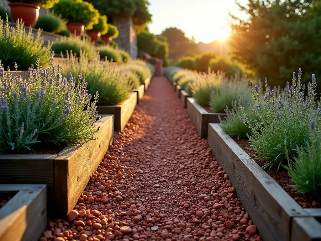 Mediterranean Herb Garden with Lava Rock - A stunning terraced Mediterranean herb garden at golden hour, photographed with a DSLR wide-angle lens at f/8. Dark red lava rock mulch creates striking pathways between raised wooden planter boxes. Clusters of aromatic herbs including silvery-green lavender, rosemary, sage, and thyme cascade over weathered wooden edges. Terra cotta pots accent the corners, while a rustic stone wall provides a Mediterranean backdrop. Warm evening sunlight filters through the herbs, creating long shadows across the textured lava rock surface. The composition showcases the practical beauty of using lava rock for drainage while maintaining the authentic charm of a Mediterranean garden setting.