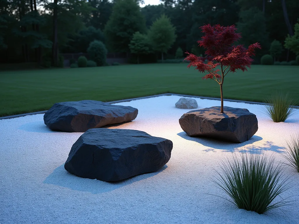 Modern Zen Lava Rock Garden - A serene, minimalist garden at twilight featuring three large, angular black lava rocks arranged asymmetrically as sculptural focal points on a bed of pristine white gravel. Clean lines define the space, with a single, gracefully shaped Japanese Maple providing a pop of deep burgundy color. Strategic uplighting casts dramatic shadows from the rocks, while single clumps of ornamental grass sway gently in the background. Shot from a low angle to emphasize the monolithic nature of the rocks, with the garden extending into a perfectly manicured lawn in the distance. The composition follows the rule of thirds, creating a sophisticated, contemporary landscape design that embodies peaceful simplicity.