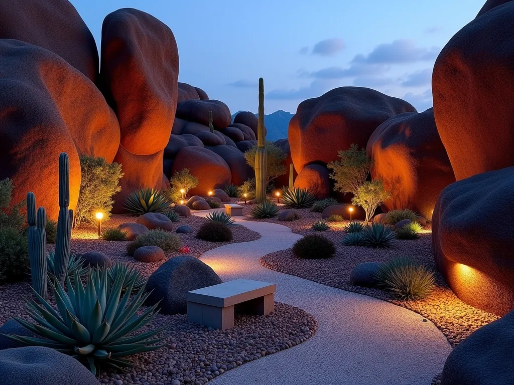 Modern Desert Oasis with Lava Rock Landscaping - A wide-angle twilight photograph of a modern desert garden oasis featuring dramatic red and black lava rocks of varying sizes. Large volcanic boulders serve as sculptural focal points, casting long shadows in the warm evening light. The landscape is dotted with clusters of tall barrel cacti, blue agave, and golden barrel cacti emerging from beds of smaller lava rocks. Architectural euphorbias create vertical interest while low-growing echeverias form intricate rosette patterns among the rocks. LED landscape lighting illuminates the texture of the volcanic stones, creating a mesmerizing interplay of light and shadow. The composition shows a winding decomposed granite path leading through the garden, with a modern concrete bench nestled among the rocks. Shot with a 16-35mm lens at f/2.8, capturing the rich texture of the lava rocks and the subtle desert color palette in stunning detail.