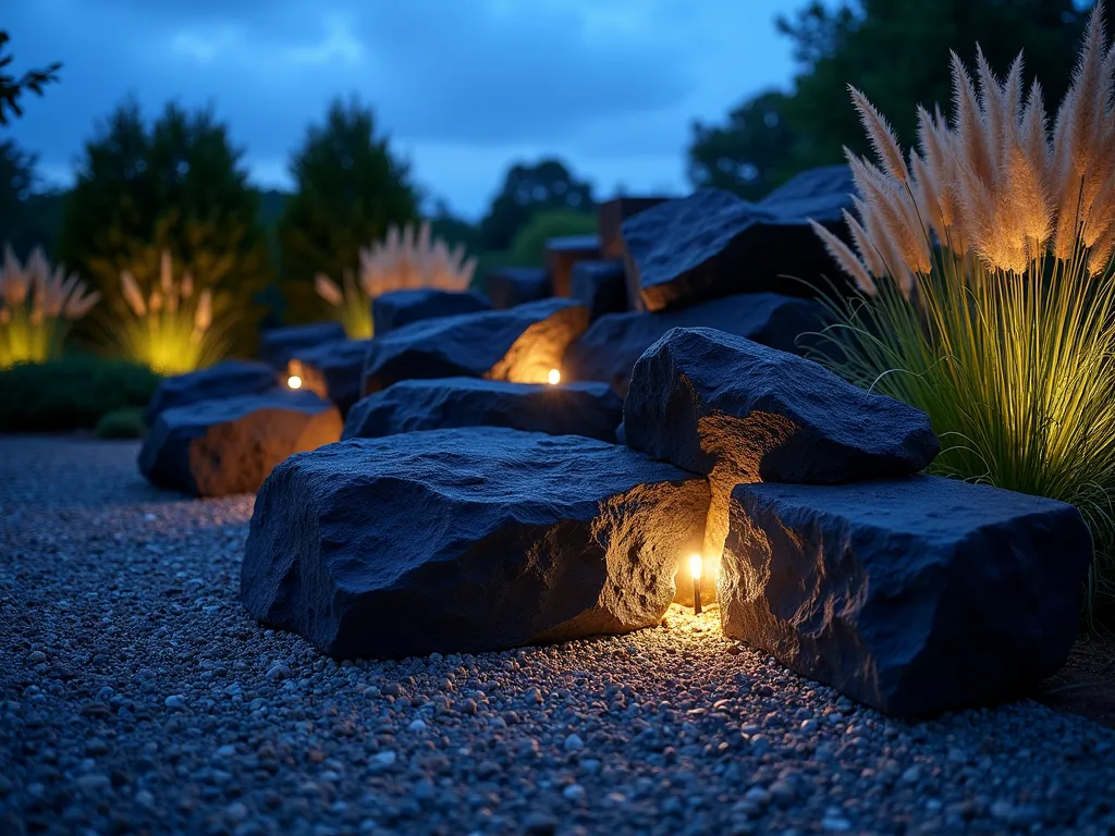 Modern Lava Rock Garden with Night Illumination - A stunning twilight photograph of a modern backyard garden featuring large, angular black lava rocks arranged in a geometric pattern. The rocks, varying in size from 2-4 feet, are artistically stacked and positioned to create a dramatic sculptural display. LED strip lighting in cool white emanates from beneath and between the rocks, casting dramatic shadows and highlighting their porous texture. The rocks are set against a minimalist landscape of crushed granite, with tall architectural grasses like Mexican Feather Grass swaying gently in the background. Shot with a wide-angle lens at blue hour, capturing both the artificial lighting and the deep blue sky, creating a moody and contemporary atmosphere. The composition is photographed at f/2.8 to create subtle depth of field, with the foreground rocks in sharp detail while the background softly blurs.